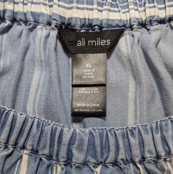 Ali Miles Blue Stripe Floral Embroidered Tie Detail 100% Tencel Tunic Bohemian - Picture 8 of 10